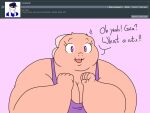  2018 4:3 5_fingers anthro ask_blog bar_emanata batspid2 black_eyebrows black_eyelashes breasts cleavage clothed clothing crop_top dialogue digital_drawing_(artwork) digital_media_(artwork) double_chin emanata english_text exclamation eyebrows female fingers flabby_arms flat_colors frill_(anatomy) front_view glistening glistening_eyes head_crest head_frill juna_(batspid2) lizard membrane_(anatomy) membranous_frill obese obese_anthro obese_female overweight overweight_anthro overweight_female pink_body pink_scales purple_clothing purple_eyes purple_topwear question reptile scales scalie shirt smile solo text topwear 