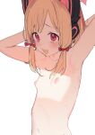  1girl animal_ear_headphones animal_ears armpits arms_up azuse_neko blonde_hair blue_archive blush breasts cat_ear_headphones fake_animal_ears hair_ribbon headphones looking_at_viewer medium_hair momoi_(blue_archive) nude open_mouth pink_eyes red_ribbon ribbon simple_background sketch small_breasts solo upper_body white_background 