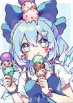  1girl blue_bow blue_dress blue_eyes blue_hair blush bow cirno closed_mouth collared_shirt detached_wings dress fairy food hair_between_eyes hair_bow heart highres holding holding_food ice ice_cream ice_wings kyouda_suzuka looking_at_viewer shirt short_hair short_sleeves smile solo tongue tongue_out touhou white_shirt wings 
