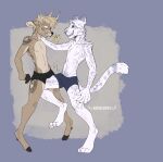  anthro anthro_on_anthro antlers artist_name ballbusting blonde_hair blue_eyes blue_markings brown_body bucklucky cheek_tuft clothed clothing cock_and_ball_torture deer duo erection erection_under_clothing facial_markings facial_tuft felid genital_torture grin hair head_markings hi_res horn leg_markings lucky_(bucklucky) male male/male mammal markings narrowed_eyes neck_tuft nipples simple_background smile standing tail tail_markings tan_antlers tan_body tuft 
