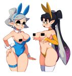  2girls alternate_breast_size alternate_costume animal_ears areola_slip arm_at_side averting_eyes bar_censor bare_shoulders black_hair blue_hairband blue_leotard blush bow-shaped_hair breasts bridal_gauntlets callie_(splatoon) censored censored_nipples choker collarbone commentary covered_navel cowboy_shot cropped_legs detached_collar earrings english_commentary fake_animal_ears fake_tail fang flowers-imh from_side gloves grabbing_own_breast gradient_hair grey_hair grin hairband half-closed_eyes hand_on_own_hip hands_up happy highleg highleg_panties highres jewelry large_breasts leotard long_hair looking_at_viewer looking_to_the_side marie_(splatoon) mole mole_under_eye multicolored_hair multiple_girls navel one_breast_out open_mouth panties playboy_bunny pointy_ears profile purple_hair rabbit_ears rabbit_tail short_hair siblings simple_background sisters skindentation smile splatoon_(series) standing stomach strapless strapless_leotard suction_cups swept_bangs tail teeth tentacle_hair tentacles thick_thighs thigh_strap thighhighs thighs topless twintails two-tone_hair underwear underwear_only wardrobe_malfunction white_background white_thighhighs wide_hips wrist_cuffs yellow_choker yellow_eyes yellow_gloves yellow_hairband yellow_panties 