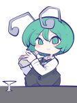  1girl alternate_costume antennae black_bow black_bowtie black_jacket bow bowtie chahan_(fried_rice0614) closed_mouth cocktail_shaker collared_shirt commentary cup drinking_glass formal green_eyes green_hair highres holding jacket looking_at_viewer shirt short_hair simple_background smile solo touhou white_background white_shirt wriggle_nightbug 