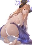  1girl absurdres ass barefoot bikini blurry blurry_foreground brown_hair butt_crack depth_of_field feet granblue_fantasy hair_ornament head_wings highres long_hair looking_at_viewer looking_back official_alternate_costume sarong soles solo swimsuit thigh_strap tweyen_(eternal&#039;s_summer_vacation)_(granblue_fantasy) tweyen_(granblue_fantasy) white_background white_bikini wings yu_pian 