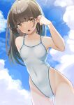  1girl ass_visible_through_thighs ayuman black_hair blue_sky breasts brown_eyes casual_one-piece_swimsuit cloud collarbone covered_navel cowboy_shot hayashio_(kancolle) highleg highleg_swimsuit highres kantai_collection long_hair mole mole_under_eye one-piece_swimsuit open_mouth sky small_breasts solo swimsuit white_one-piece_swimsuit 