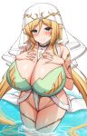  1girl aqua_eyes blonde_hair blush breasts cleavage closed_mouth collarbone cross dress elf green_dress hair_between_eyes highres huge_breasts long_hair looking_at_viewer original partially_submerged pointy_ears revealing_clothes ryakusun sidelocks smile solo standing twintails veil very_long_hair wading white_background 