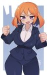  1girl absurdres black_pants blue_hair blush breasts business_suit character_request collared_shirt colored_inner_hair copyright_request formal highres large_breasts long_sleeves looking_at_viewer multicolored_hair office_lady open_mouth orange_hair pants purple_eyes ryuusui_arumo shirt short_hair smile solo suit white_shirt 