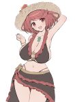  1girl :d armlet armpits belly bikini black_bikini black_bikini_bottom bracelet breasts cleavage earrings flower frilled_bikini frills gonzarez hat highres jewelry large_breasts md5_mismatch midriff navel o-ring o-ring_bikini o-ring_top pyra_(xenoblade) red_eyes red_hair ribbon sideboob smile solo stomach straw_hat swimsuit thigh_gap thighs underboob xenoblade_chronicles_(series) xenoblade_chronicles_2 