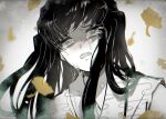  1boy aged_down black_hair blurry child crying depth_of_field falling_leaves ginkgo_leaf green_eyes green_hair japanese_clothes kimetsu_no_yaiba kimono leaf long_hair looking_at_viewer male_child monochrome mosskmt open_mouth partially_colored portrait sleeveless sleeveless_kimono sobbing solo spoilers tokitou_muichirou 