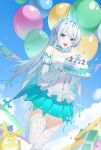  1girl :d absurdres balloon bare_shoulders birthday birthday_cake blue_eyes blue_sky breasts cake chinese_commentary cleavage cloud cloudy_sky commission confetti crown dress earrings elbow_gloves food gift gloves hair_between_eyes hair_ornament highres holding holding_plate homu_(honkai_impact) honkai_(series) honkai_impact_3rd jewelry kiana_kaslana kiana_kaslana_(divine_prayer) long_hair looking_at_viewer open_mouth outdoors pixiv_commission plate skirt sky smile solo sye- teeth thighhighs white_footwear white_gloves white_hair white_thighhighs 