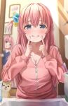  2girls :o absurdres aqua_eyes bathroom blurry blurry_background blurry_foreground blush bocchi_the_rock! breasts cleavage clenched_teeth collarbone commentary_request cube_hair_ornament dog fingers_to_cheeks forced_smile gotou_futari gotou_hitori hair_between_eyes hair_ornament hair_over_eyes highres index_finger_raised indoors jacket jimihen kirinagi35 large_breasts long_bangs long_hair long_sleeves looking_at_viewer medium_hair multiple_girls one_side_up open_mouth pants partially_unzipped pink_hair pink_jacket pink_pants reflection revision shiba_inu siblings sisters smile solo_focus sweatdrop teeth tile_floor tiles tongue tongue_out toothbrush toothpaste track_jacket track_pants wooden_floor zipper 