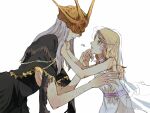 1boy 1girl absurdres aldrich_devourer_of_gods bare_arms bare_shoulders black_capelet black_dress blonde_hair blush brother_and_sister capelet company_captain_yorshka dark_souls_(series) dark_souls_iii dark_sun_gwyndolin dress facing_another fingernails gold_headwear grey_background grey_dress grey_hair helmet highres long_hair looking_at_another pointy_ears sharp_fingernails siblings simple_background teeth translation_request veil zunkome 