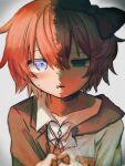  1girl asphyxiation black_jacket blue_eyes blush bow breast_pocket collarbone collared_shirt commentary death doki_doki_literature_club dress_shirt embarrassed empty_eyes hair_between_eyes hair_bow hanged highres jacket looking_at_viewer lower_teeth_only neck_ribbon noose orange_vest parted_lips pink_hair pocket pov pov_hands red_bow ribbon rope rope_around_neck sayori_(doki_doki_literature_club) school_uniform shirt short_hair simple_background solo_focus split_theme spoilers spoken_animal suicide suuno_kamibukuro teeth variant_set vest vignetting white_background white_shirt 