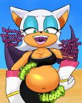  anthro anthro_pred bat belly big_belly big_breasts bloated blue_eyeshadow breasts cleavage clothed clothing dialogue digestion digestion_noises english_text eyeshadow fangs female female_pred gloves hand_on_hip handwear hi_res ill-strator looking_at_belly looking_down makeup mammal meme midriff navel open_mouth rouge_the_bat sega sonic_the_hedgehog_(series) talking_to_prey taunting teeth text uvula vore were_you_frying_chicken_in_there 