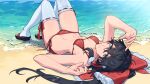  1girl armpits beach bikini black_eyes black_hair bow breasts closed_mouth commission day full_body hair_between_eyes hair_bow hair_tubes hakurei_reimu highres himadera long_hair looking_at_viewer lying ocean on_back outdoors red_bikini red_bow side-tie_bikini_bottom sidelocks skeb_commission solo swimsuit thighhighs touhou twitter_username white_thighhighs 