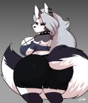  2023 absolute_territory absurd_res anthro big_breasts big_butt black_body black_fur breasts bulging_breasts butt canid canid_demon cleavage cleavage_overflow clothed clothing collar colored crop_top demon digital_media_(artwork) ear_piercing female fur gradient_background grey_body grey_fur grey_hair hair hellhound helluva_boss hi_res huge_breasts huge_butt long_hair looking_at_viewer looking_back looking_back_at_viewer loona_(helluva_boss) mammal monotone_hair narrowed_eyes piercing portrait red_sclera shaded shirt signature simple_background skindentation solo spiked_collar spikes standing thehoneybutter three-quarter_portrait topwear white_body white_eyes white_fur 