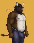 2021 abs accessory anthro barechested biceps body_hair bovid bovine brown_eyes bulge cattle chest_hair clothed clothing compression_shorts detailed_bulge facial_hair facial_piercing fist furgonomics goatee happy_trail hi_res horn horn_accessory looking_at_viewer male mammal manly maximus_(smartydragon) muscular navel nipples nose_piercing nose_ring pecs piercing ring_piercing rov shirtless shirtless_male simple_background smile solo standing stubble topless topless_male triceps workout_clothing yellow_background 