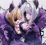  2girls animal_ears blonde_hair breasts claws cleavage coat commentary don_quixote_(limbus_company) fang faust_(limbus_company) film_grain fur-trimmed_coat fur_trim highres inudogsaikou limbus_company medium_breasts multiple_girls open_mouth project_moon purple_coat purple_eyes short_hair skin_fang small_breasts smile white_hair wolf_ears wolf_girl 