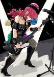  1girl black_choker black_headwear black_shirt breasts chain choker cleavage clothes_writing commentary earth_(ornament) hecatia_lapislazuli high_heels highres holding holding_instrument instrument long_hair microphone_stand moon_(ornament) music off-shoulder_shirt off_shoulder parted_lips playing_instrument red_hair sakamoto_fred shirt solo stage_lights t-shirt touhou 