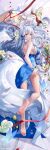  1girl absurdres alcohol animal_ear_fluff animal_ears azur_lane backless_dress backless_outfit barefoot blue_butterfly blue_dress blue_eyes bouquet breasts bug butterfly chinese_commentary cup dress drinking_glass evening_gown flower fox_ears full_body grey_hair hair_ornament halter_dress halterneck highres kitsune large_breasts large_tail looking_at_viewer lying maoao multiple_tails official_alternate_costume on_stomach pink_flower red_ribbon red_wine ribbon rose shinano_(azur_lane) shinano_(dreams_of_the_hazy_moon)_(azur_lane) spill tail white_flower white_rose white_tail wine wine_glass wrist_flower 