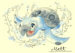  animal_focus half-closed_eyes no_humans nostrils open_mouth painting_(medium) pokematya pokemon pokemon_(creature) signature simple_background solo tirtouga traditional_media turtle_shell water watercolor_(medium) 