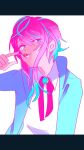  1boy amemura_ramuda blue_eyes bow bowtie brooch candy collared_shirt colored_eyelashes commentary_request food green_jacket hanada_hyou highres hood hood_down hooded_jacket hypnosis_mic jacket jewelry lollipop long_sleeves looking_at_viewer mouth_hold open_clothes open_jacket pink_hair pointing pointing_at_self red_bow red_bowtie shirt short_hair sidelocks upper_body white_background white_shirt 