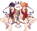  2boys ace_trappola blue_eyes closed_mouth deuce_spade facial_mark formal heart heart_on_cheek highres holding_hands long_sleeves looking_at_viewer male_focus multiple_boys open_mouth orange_hair purple_hair red_eyes rutu short_hair smile spade_(shape) teeth twisted_wonderland twitter_username yaoi 