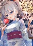  1girl blue_eyes blue_kimono breasts candy_apple festival food grey_hair hair_ribbon highres japanese_clothes kantai_collection kashima_(kancolle) kimono long_hair open_mouth ribbon smile tsurime twintails wavy_hair yoshino_(mfmfpng) yukata 