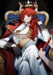  1boy 1other artist_name bishounen black_gloves chair coat crown diluc_(genshin_impact) eriimyon fur_collar genshin_impact gloves hand_up highres holding holding_staff long_hair male_focus red_eyes red_hair sitting solo_focus staff white_coat 