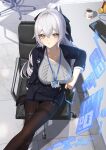  1girl black_jacket black_pantyhose black_skirt blazer breasts bronya_zaychik bronya_zaychik_(silverwing:_n-ex) cable_knit chair commentary crossed_bangs drill_hair from_above grey_eyes grey_hair grey_sweater highres holographic_interface honkai_(series) honkai_impact_3rd id_card jacket keyboard_(computer) large_breasts long_hair long_sleeves looking_at_viewer looking_up meda office_chair office_lady official_alternate_costume pantyhose parted_lips pencil_skirt pink_pupils sitting skirt solo sweater swivel_chair thigh_strap thighband_pantyhose twin_drills very_long_hair 