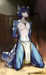  absurd_res anthro arms_tied blue_body blue_fur bottomwear bound canid canine canis clothed clothing crossgender fox fur hi_res jewelry kneeling krystal loincloth male mammal markings necklace nintendo panzery25 partially_clothed simple_background solo solo_focus star_fox tribal tribal_markings 