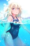  1girl absurdres artist_name baileys_(tranquillity650) bare_arms bare_legs bare_shoulders blonde_hair blue_one-piece_swimsuit breasts collarbone covered_navel day grey_eyes hair_between_eyes highres kantai_collection long_hair looking_at_viewer name_tag one-piece_swimsuit parted_lips partially_submerged signature small_breasts solo swimsuit twitter_username u-511_(kancolle) water 