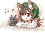  1girl animal_ears brown_eyes brown_hair cat_day cat_ears cat_girl cat_tail chen closed_mouth green_headwear grey_cat grey_fur hair_between_eyes hat highres long_sleeves medium_hair miyangoroge mob_cap multiple_tails nekomata red_vest shirt solo tail touhou two_tails upper_body vest white_shirt 