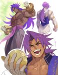  1boy abs aono_nono bare_pectorals bhima_(fate) bhima_(second_ascension)_(fate) closed_eyes collage dark-skinned_male dark_skin fate/grand_order fate_(series) food food_bite fruit gauntlets holding holding_food holding_fruit large_pectorals long_hair male_focus muscular muscular_male pectorals purple_hair purple_vest smile solo upper_body very_long_hair vest 