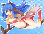  1girl animal_ears bangs bikini bikini_top_only blue_background blue_hair blush boots brown_capelet brown_gloves capelet cat_ears commentary_request elbow_gloves emurin flat_chest full_body gloves halftone halftone_background heterochromia holding holding_staff long_hair looking_at_viewer mage_(ragnarok_online) majiko_(emurin) midriff navel open_mouth outline pelvic_curtain purple_eyes ragnarok_online red_bikini red_footwear red_skirt showgirl_skirt skirt smile solo staff swimsuit v white_outline yellow_eyes 