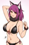  1girl :p absurdres airisubaka animal_ear_fluff animal_ears arm_behind_head arm_up artist_name bare_arms bare_shoulders bikini black_bikini black_hairband breasts cat_ears collarbone commentary eyes_visible_through_hair fake_animal_ears front-tie_bikini_top front-tie_top gradient_background groin hairband highres large_breasts leah_(airisubaka) looking_at_viewer navel orange_eyes original pink_background ponytail purple_hair side-tie_bikini_bottom signature simple_background solo stomach swimsuit symbol-only_commentary tongue tongue_out v-shaped_eyebrows white_background 
