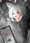  ... 2girls absurdres animal_ear_fluff animal_ears arm_up black_hair black_hoodie blush cellphone commentary_request fox_ears fox_girl fox_tail glowstick green_eyes hair_between_eyes highres hololive hood hoodie kurokami_fubuki long_hair multiple_girls open_mouth phone shirakami_fubuki sidelocks smartphone tail udonmoti virtual_youtuber white_hair 