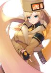  1girl absurdly_long_hair aqua_eyes arm_scarf black_gloves blonde_hair breasts brown_coat coat fingerless_gloves fur_hat gloves guilty_gear guilty_gear_strive hat highres large_breasts long_hair long_sleeves looking_at_viewer millia_rage prehensile_hair simple_background ushanka usk_(yu_sk_usk39) v very_long_hair yellow_headwear 