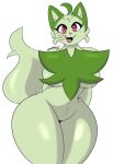  2022 anthro big_breasts breasts cheek_tuft chest_tuft dewwydarts facial_tuft featureless_breasts featureless_crotch female fur generation_9_pokemon green_body green_fur hands_behind_back hi_res leaf leaf_hair looking_at_viewer nintendo nude open_mouth open_smile plant plant_hair pokemon pokemon_(species) pseudo_hair red_eyes simple_background small_waist smile solo sprigatito standing thick_thighs tuft white_background wide_hips 