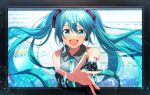  1girl :d absurdres aqua_eyes aqua_hair aqua_necktie ayumu8828 bare_shoulders binary black_sleeves collared_shirt commentary_request detached_sleeves eighth_note floating_hair grey_shirt hair_between_eyes hatsune_miku headset highres long_hair looking_at_viewer monitor musical_note necktie open_mouth outstretched_arm outstretched_hand quarter_note reaching reaching_towards_viewer shirt sleeveless sleeveless_shirt smile solo staff_(music) straight-on through_screen twintails upper_body very_long_hair vocaloid 
