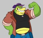  2023 alligator alligatorid anthro bottomwear brok_(character) brok_the_investigator clothing crocodilian green_body hat headgear headwear hi_res humanoid_hands male musclegut overweight overweight_male pants reptile scalie shirt simple_background solo syncrotrace topwear 