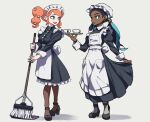  2girls alternate_costume apron black_dress black_hair blue_eyes blue_hair breasts broom cup dark-skinned_female dark_skin dress enmaided full_body gratin_gratin green_eyes green_nails highres holding holding_mop holding_tray long_hair long_sleeves looking_at_another maid maid_apron medium_breasts mop mug multiple_girls nessa_(pokemon) open_mouth orange_hair pokemon pokemon_swsh ponytail side_ponytail simple_background sonia_(pokemon) tray very_dark_skin white_background 