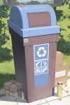  absurdres arrow_(symbol) blue_archive bush can carton day emoji grass gun_print highres leaf madaotheory no_humans outdoors package paper recycle_bin recycling_symbol trash_can 
