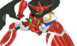 black_cape cape colorized getter-1 getter_rays getter_robo getter_robo_anthology_-_shinka_no_ishi glowing glowing_eyes green_eyes mecha multicolored_armor red_armor robot shine_spark white_armor white_background 