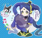  1girl :o baku_(creature) baku_(onegai_my_melody) black_headwear blue_background blue_gloves blue_hair braid braided_bangs commentary_request creator_connection creature crossover demon_tail flying garara_s_leep genre_connection gloves hat hat_ornament headphones holding holding_creature hood hood_up idol_time_pripara kuromi long_hair looking_at_another mini_hat moudoku_(decopon3rd) musical_note onegai_my_melody open_mouth pakku_(pripara) petting pretty_(series) pripara puffy_short_sleeves puffy_sleeves sanrio short_sleeves species_connection star_(symbol) star_hat_ornament tail tapir thought_bubble trait_connection translation_request twintails very_long_hair yellow_eyes 