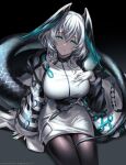  1girl aqua_eyes aqua_nails aqua_wings arknights between_breasts black_pantyhose breasts coat dark_background dress feathered_wings fingerless_gloves fingernails gloves grey_hair hair_between_eyes hand_on_own_chest head_wings highres ho&#039;olheyak_(arknights) large_breasts long_coat long_sleeves looking_at_viewer open_clothes open_coat pantyhose rio_(rio773) sharp_fingernails sidelocks sitting smile snake_tail solo strap_between_breasts tail upper_body white_dress white_gloves wings 