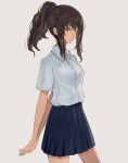  1girl arms_behind_back bangs blue_skirt breasts brown_hair closed_mouth collared_shirt dress_shirt grey_background grey_eyes hinomaru_(futagun) long_hair looking_at_viewer original pleated_skirt ponytail school_uniform shirt sidelocks simple_background skirt small_breasts solo standing white_shirt 
