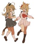  2girls absurdres ahoge alternate_costume animal_ears backpack bag black_socks blonde_hair blush closed_eyes fang full_body genshin_impact hair_ornament hairclip highres iwashi_(iwashi008) kirara_(genshin_impact) kneehighs long_hair long_sleeves multiple_girls multiple_tails one_eye_closed open_mouth pleated_skirt ponytail sailor_collar school_uniform serafuku shoes short_sleeves simple_background skirt socks tail two_tails white_background white_socks yoimiya_(genshin_impact) 