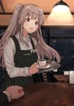  1boy 1girl absurdres apron black_apron blush cafe coffee_mug cup grey_hair hanetsuka highres holding holding_tray idolmaster idolmaster_shiny_colors indoors mug name_tag pov pov_hands producer_(idolmaster) purple_eyes shirt smile tray twintails white_shirt yukoku_kiriko 