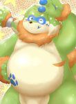  2023 anthro belly big_belly biped blush brown_body brown_fur canid canine fur green_body hi_res humanoid_hands jinku_56 kemono male mammal obese obese_male one_eye_closed overweight overweight_male pento_(kamiyu) solo tongue tongue_out wink 