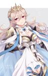  1girl absurdres armor breasts cape cleavage corrin_(female)_(fire_emblem) corrin_(female)_(silent_bloodline)_(fire_emblem) corrin_(fire_emblem) crown fire_emblem fire_emblem_fates fire_emblem_heroes frills gloves hair_between_eyes hair_ornament highres hiyori_(rindou66) jewelry long_hair looking_at_viewer medium_breasts official_alternate_costume pointy_ears red_eyes shoulder_armor smile solo upper_body white_hair 